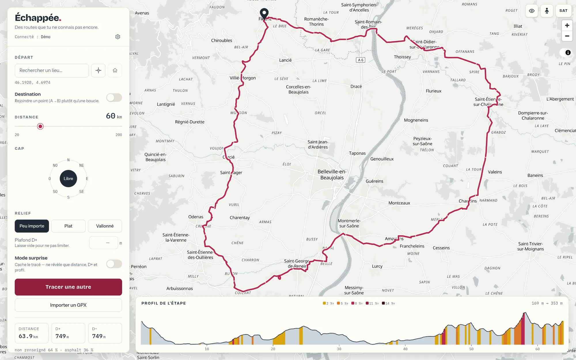 L'application Échappée : une boucle de 63,9 km au départ de Fleurie tracée sur la carte, avec son profil de dénivelé coloré par pente.