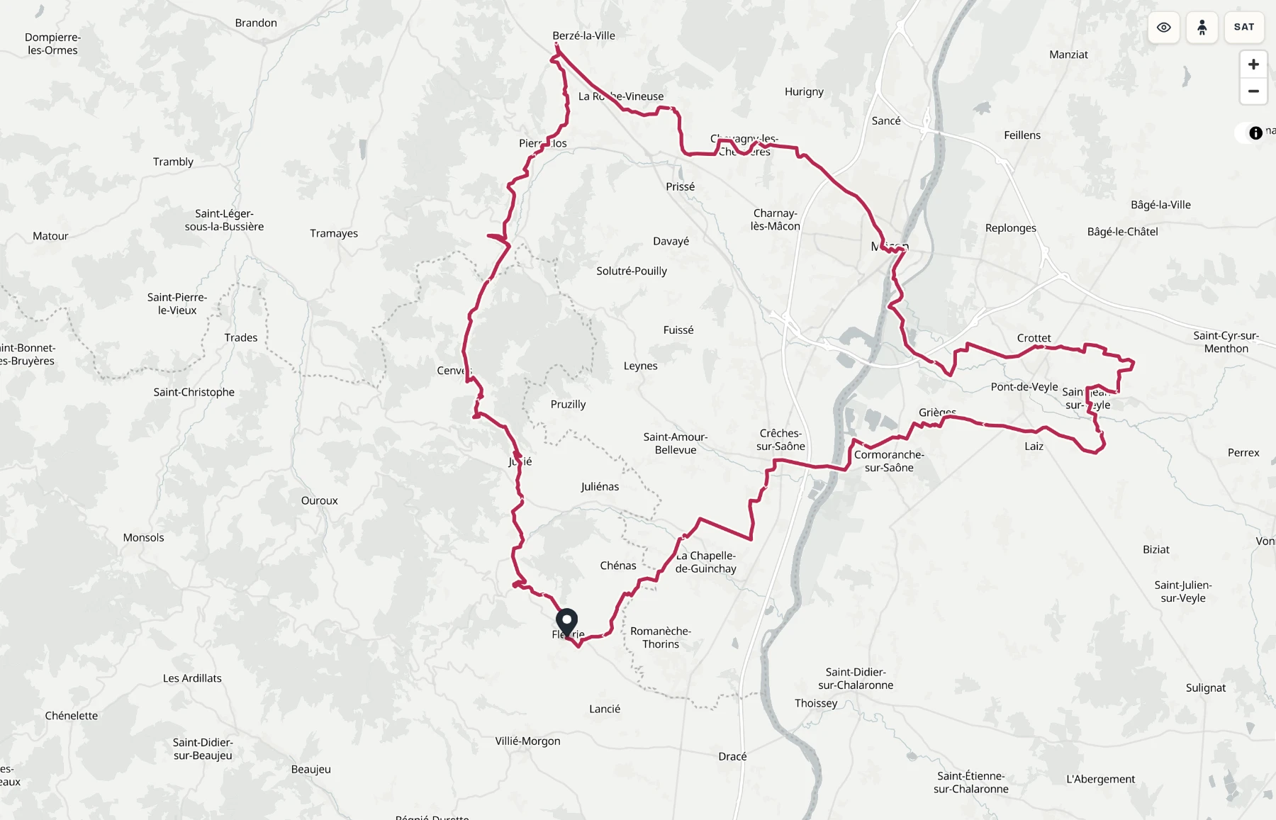 Une boucle de 85 kilomètres tracée depuis Fleurie jusqu'aux abords de Mâcon.